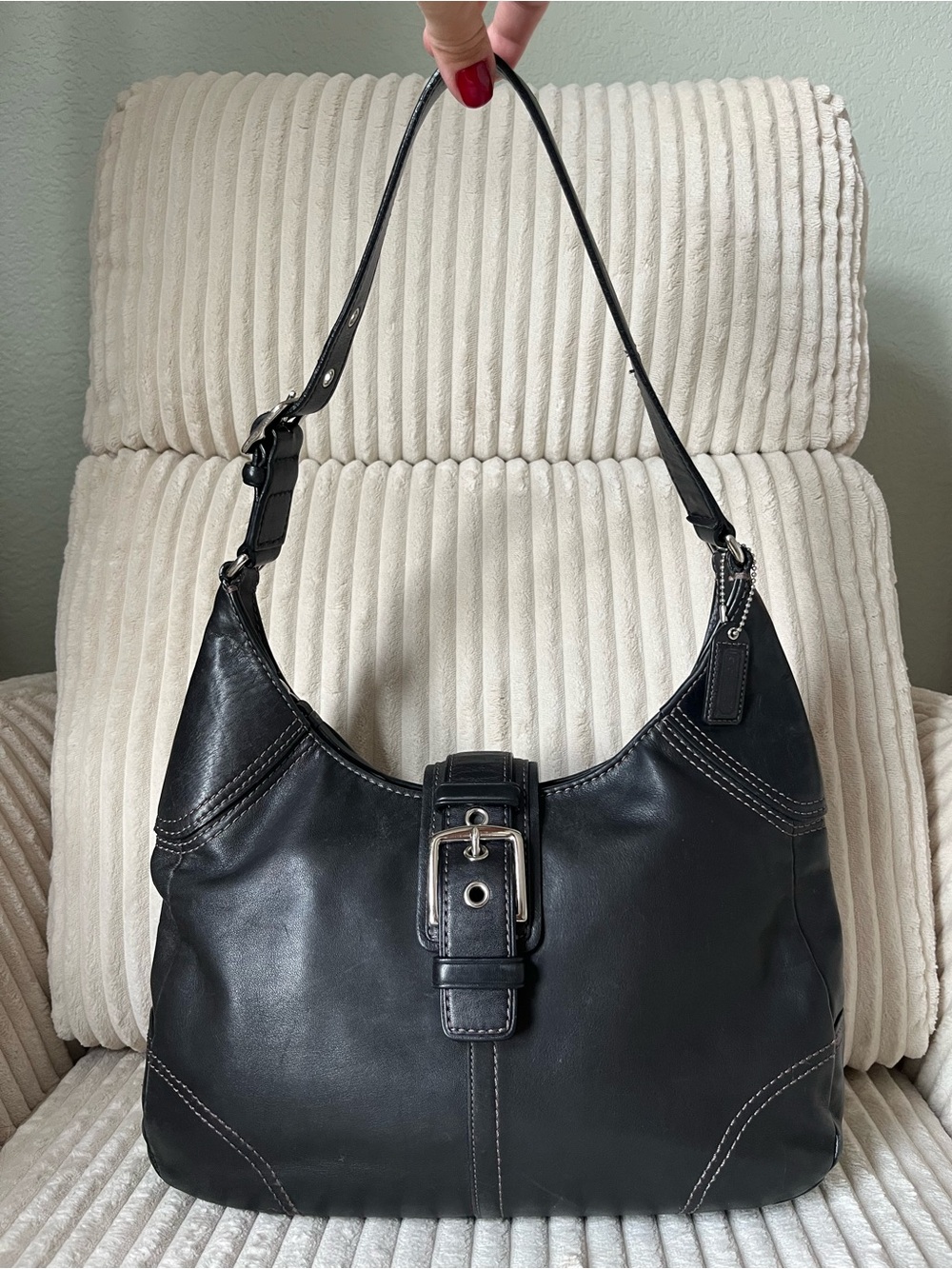 Coach Black Leather Hobo Shoulder Bag with Buckle